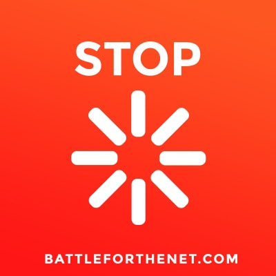 Red box with white font reading 'STOP' at the top and white processing circle in the center. In white at the bottom is a URL 'battleforthenet.com'